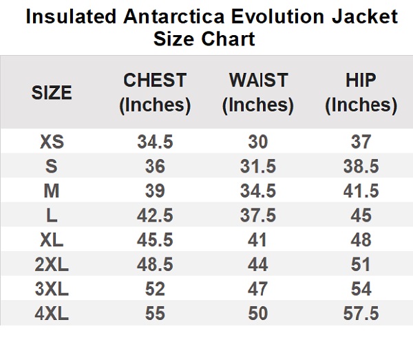 Evolution Jacket Size Chart